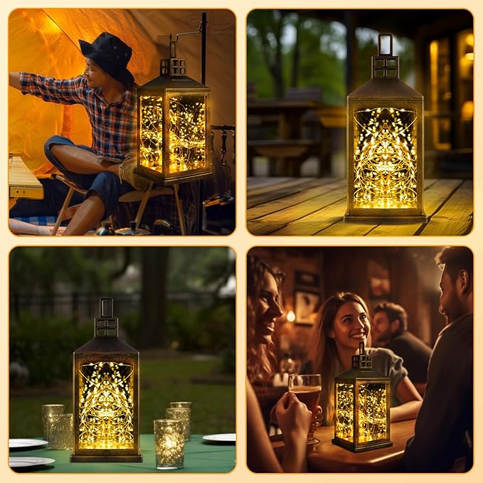 Solar Lantern Outdoor, Garden Hanging Lantern Solar Powered - Glass Waterproof Brushed Copper Solar Table Lantern Decorative Lights Flash and Steady-on Modes for Patio, Backyard, Garden