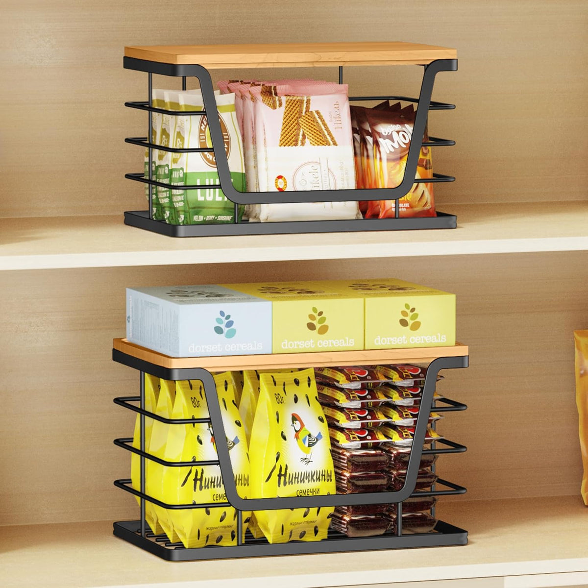 ALOCEO 2 Pack Storage Stackable Kitchen Laundry Organizers with Bamboo Top, Large Trash Bag Holder and Small Garbage Bag Dispenser for Countertop Organization