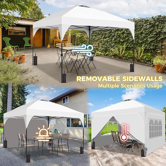 10x10 FT Pop Up Canopy, 1-Button Push Instant Canopy Tent with 4 Removable Sidewalls, Sandbags for Outdoor Activities & Events