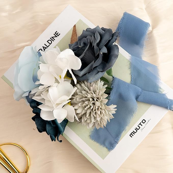 Chiffon Ribbon, Dusty Blue Silk 1.5''x21Yd Handmade Frayed Fringe Ribbons for Wrapping, DIY Bows, Invitations, Bridal Bouquets, Crafts, Birthday, Wedding, Engagement, Party Decoration, 3 Rolls