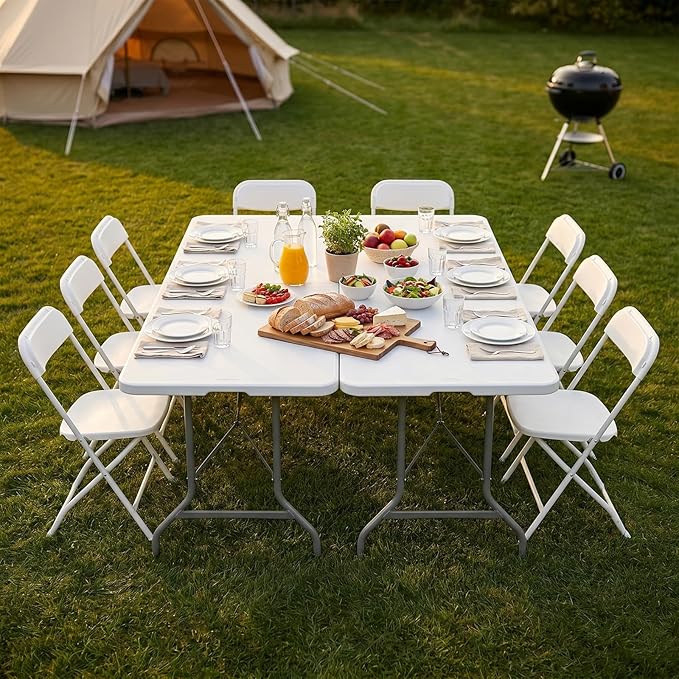 Sweetcrispy 6 FT Folding Picnic Table Easy to Fold and Store, Foldable Table for Camping Picnic Dining Party Kitchen Outdoor Indoor with Carrying Handle