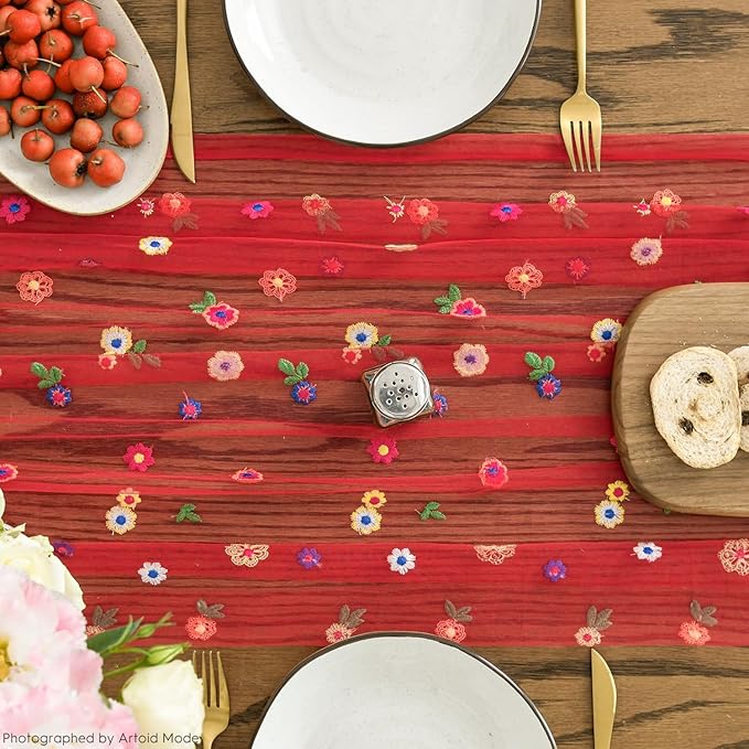 Artoid Mode 3PCS Red Embroidery Daisy Gauze Table Runner 120 Inch 10FT, Seasonal Sheer Dining Holiday Wedding Birthday Table Decor for Home Party