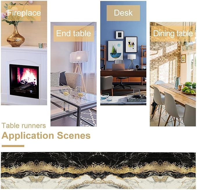 Marble Table Runner, Ink Golden Marble Texture Table Runner for Kitchen Wedding Farmhouse Indoor Outdoor Home Party 13x36in