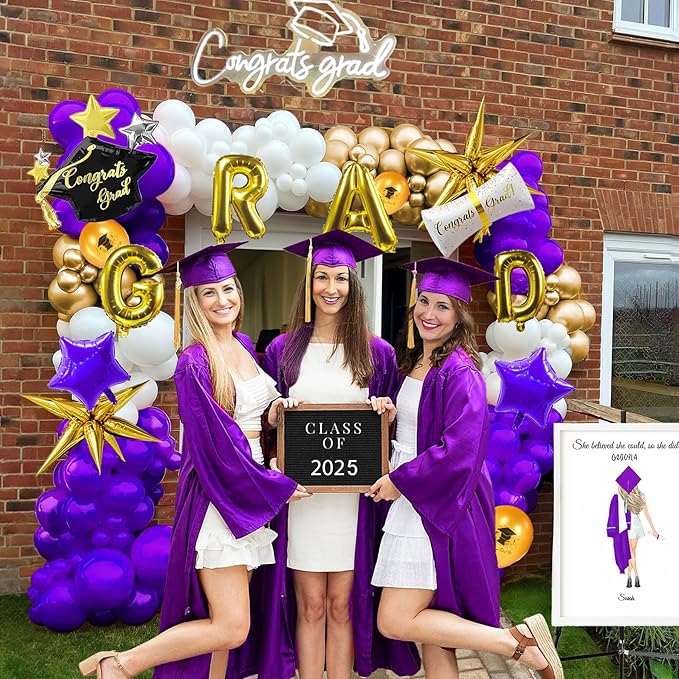 2026 Graduation Decorations Purple Gold White - 115Pcs Balloon Arch Kit with Certificate & Star Foil Balloons, Class of 2026 Graduation Party Supplies for College, High School Grad Prom Decor