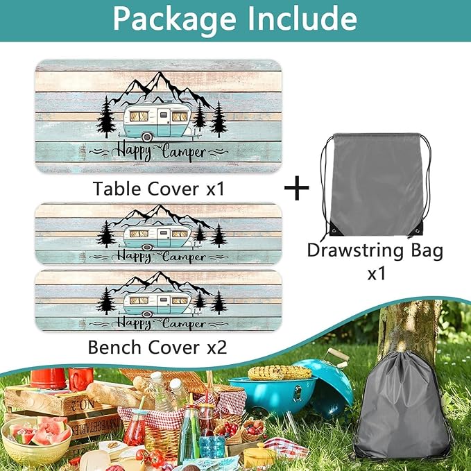 Happy Campers Picnic Table Cover with Bench Covers, RV Camping Tablecloth Fitted Picnic Table Covers, Country Wooden for Rectangle Tables Family Garden Outdoor Party Decorations, 30X72in