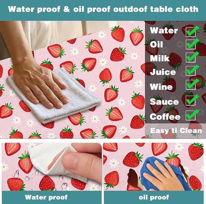 Strawberry Picnic Table Cover with Bench Covers and Bag, Camping Essentials, Berry Waterproof Windproof, Fitted Tablecloth Cover with Elastic Edge for Outdoor Garden 3 PCS 30x60 Inch
