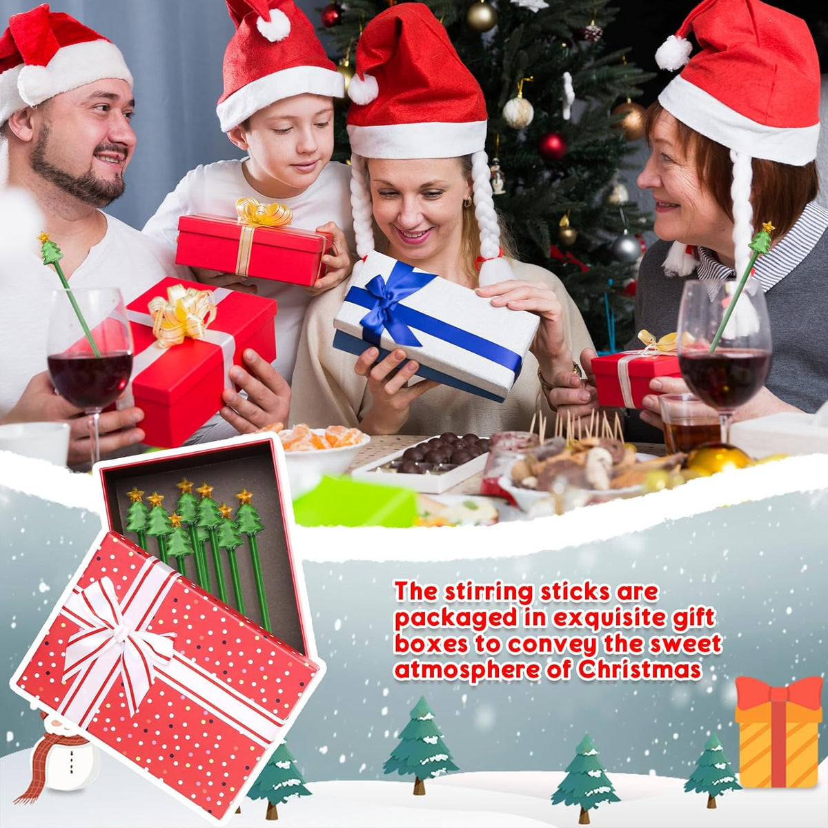 12 Pcs Christmas Glass Drink Stirrers 7 Inch Xmas Stir Sticks Reusable 3D Coffee and Cocktail Stirrers Hot Cocoa Bar Supplies for Holiday Party Favors (Christmas Tree)
