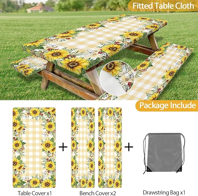 Sunflower Picnic Table Cover with Bench Covers, Yellow Buffalo Plaid Summer Floral Farmhouse Waterproof Tablecloth for Camping Indoor Outdoor Party Decorations, 30X72in