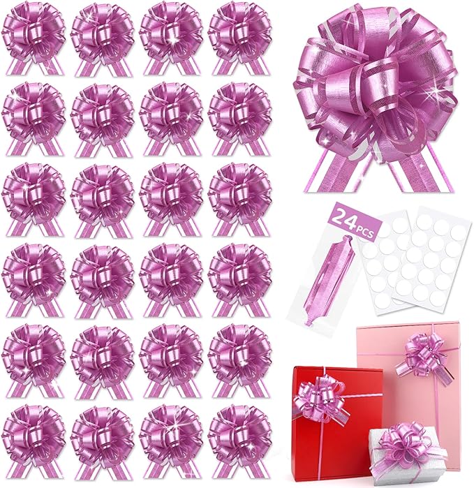 24pcs Pink Pull Bow for Gift Basket Wrapping Xmas Gift Bows Presents Adhesive Wrap Ribbon Bow for Christmas Tree Bottles Bouquet Flower Valentine's Day Party Decor (Pink-G)