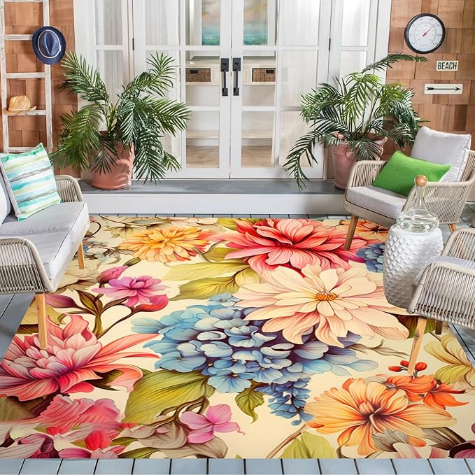 Easy Clean Floral Outdoor Rug 7x12 Yellow Pink Machine Washable Area Rugs for Patio Balcony Camping Pool Garden Non Slip Waterproof Outside Carpet Vibrant Low Pile Porch Mat