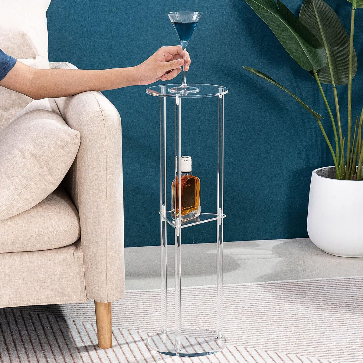 Hmyhum Acrylic Drink Table for Small Spaces, Martini Table for Living Room, Small Drink Side Table, 3 Tiers, Round, Modern, 8" L x 8" W x 26" H, Clear