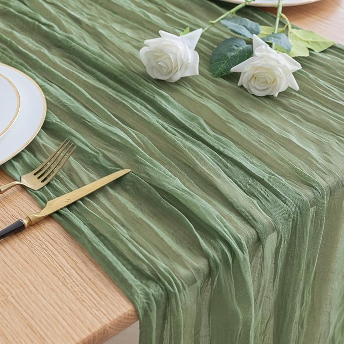 Asee'm Cheesecloth Table Runner 120 Inches Sage Green Boho Gauze Cheese Cloth Runner 10FT Rustic Sheer Table Runners for Spring Easter Wedding Baby Shower Holiday Party Decoration