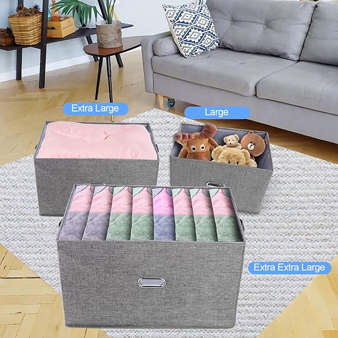 Large Linen Fabric Foldable Storage Bins with Removable Lid and Handles, Washable Storage Box Organizer Containers Baskets Cube with Cover for Bedroom,Office(Green, XXL(2-Pack))