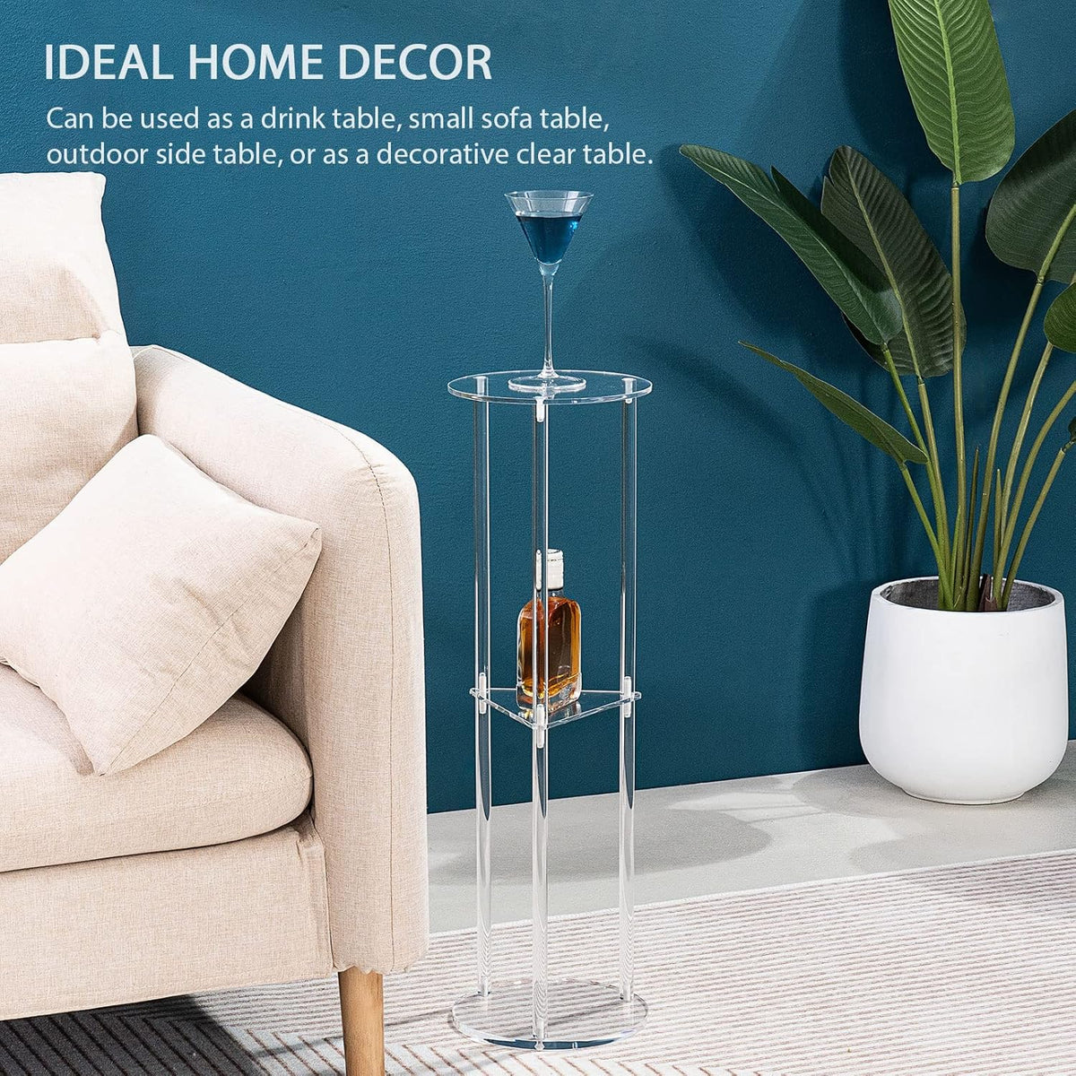 Hmyhum Acrylic Drink Table for Small Spaces, Martini Table for Living Room, Small Drink Side Table, 3 Tiers, Round, Modern, 8" L x 8" W x 26" H, Clear