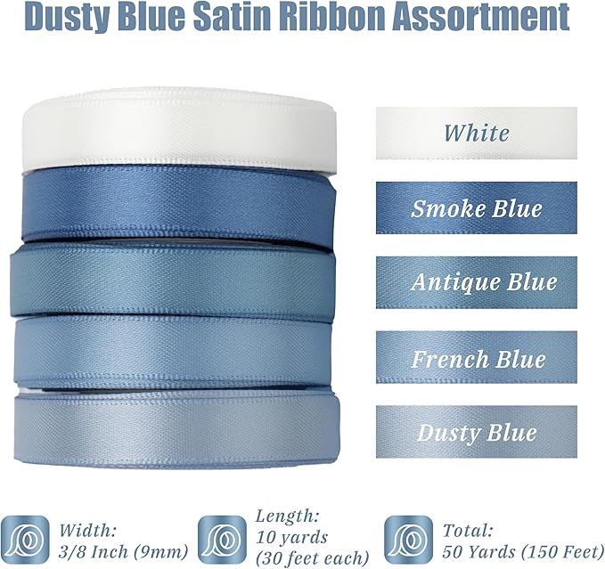 French Blue Ribbon 3/8 Inch, Dusty Blue Double Face Satin Ribbon 5 Rolls 50 Yards, Thin Ribbon for Wedding, Baby Shower, Invitations, Gift Wrapping, Crafts