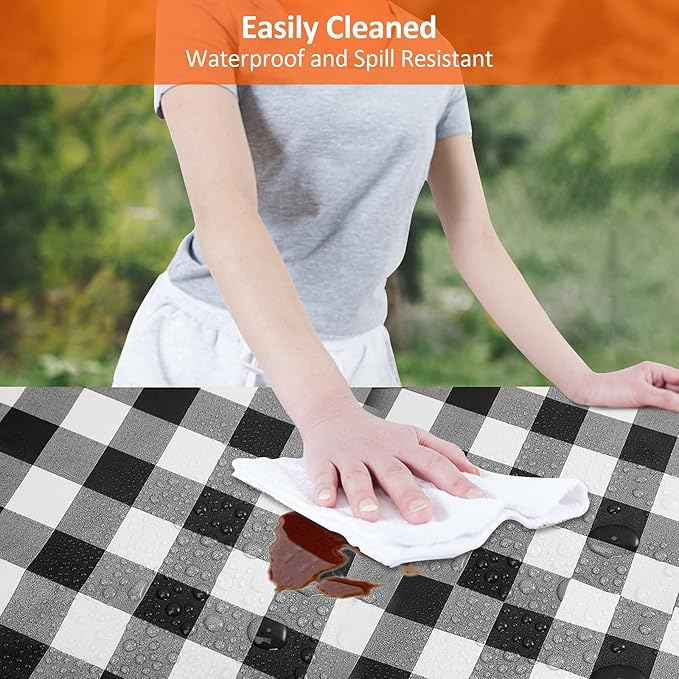 5ft Picnic Table and Bench Cover, Camping Essentials RV Gear, 60 in Waterproof Windproof Outdoor Elastic All Around Tablecloth, Fitted Rectangle Tables and Seats, Black-White Checkered