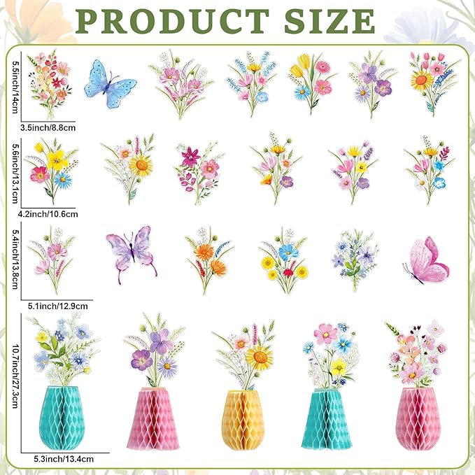14PCS Spring Wildflower Party Decorations Wild Flower Garland Floral Banners Hanging Swirls Flower Honeycomb Centerpieces for Easter Baby Shower Wedding Garden Birthday Butterfly Party Decor Supplies