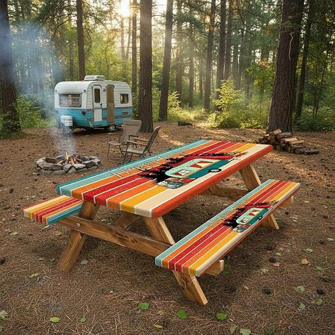 JAWO 96in Picnic Table Cover with Bench Covers, Camping Essentials Water Resistant Windproof Picnic Table Cloth,Fitted Tablecloth Cover with Elastic Edge for Indoor Outdoor, Camper Fitted Table Cover