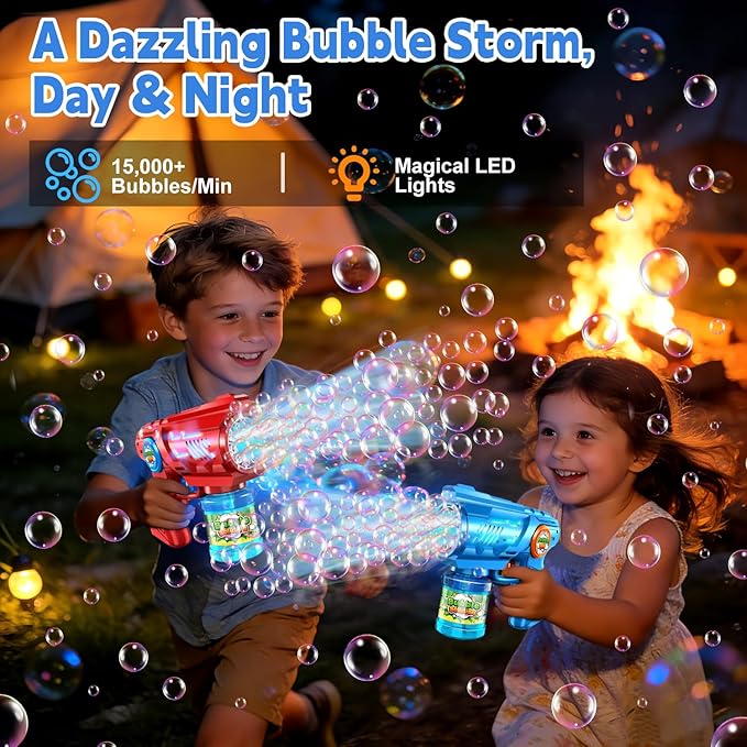 Bubble Gun Machine for Kid & Toddler: 2PCS Bubble Blaster Guns with Bubble Solution Refill & LED Light - Automatic Bubble Blower for Kids 4-8 - Great Party Toys for Outdoor Parties Wedding Birthday