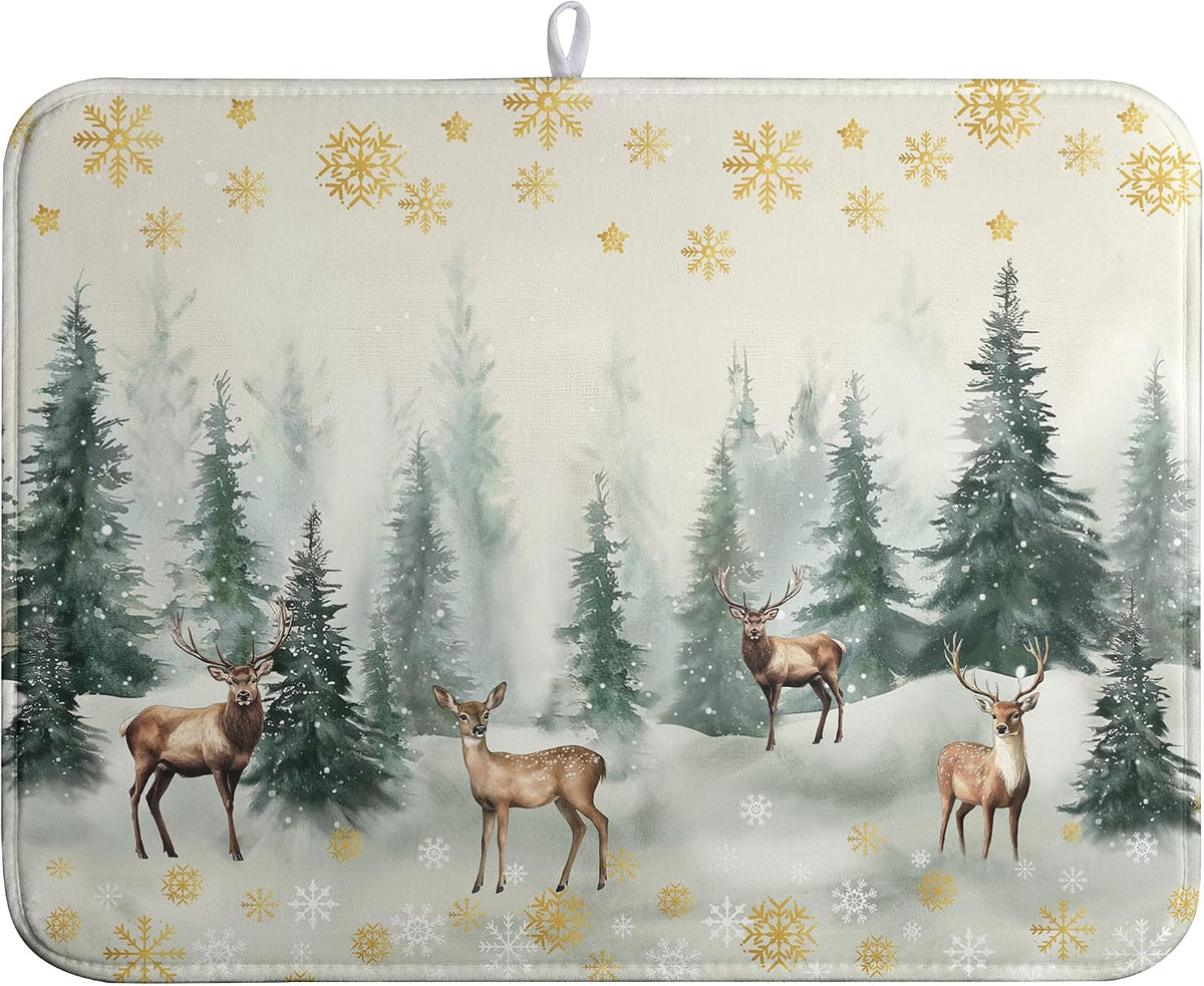 Winter Deer Snowflakes Dish Drying Mat Christmas Snow Forest Large Kitchen Mats Dish Drying Pad Absorbent Dish Dryer Mat for Kitchen Countertops Microfiber Drainer Pad Dish Drying Mats (18x24 in)