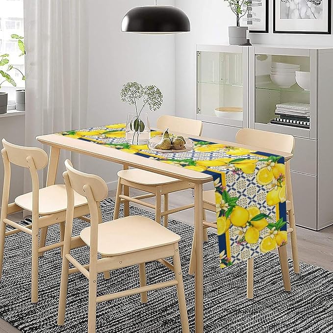 Yellow Lemon Table Runner, Spring Summer Seasonal Blue Tiles Watercolor Lemon Table Runner for Farmhouse Kitchen Indoor Outdoor Party Decor, 13x90inch