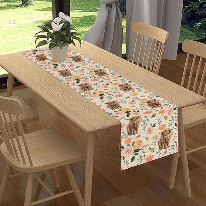 Cow Table Runner, Rustic Farmhouse Pink Floral Flower Spring Summer Yak Leaves Seasonal Coffee Table Center Decor for Home Kitchen Dining Patio Holiday Party Indoor Outdoor Table Decorations, 13"x72"