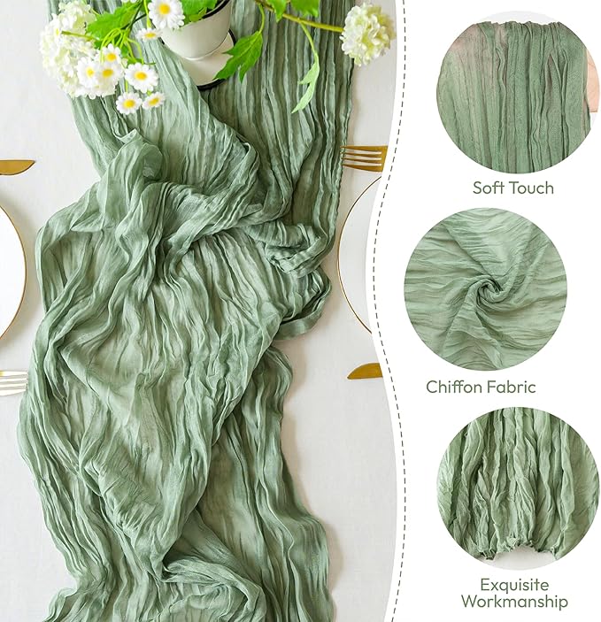 Sioloc 10 Pack Sage Green Cheesecloth Table Runner 120'' x 35'',Spring Easter Decor Soft Gauze Boho Wedding Table Decor for 10ft Table Birthday Party,Baby Shower, Bridal Shower, Home & Event Decor