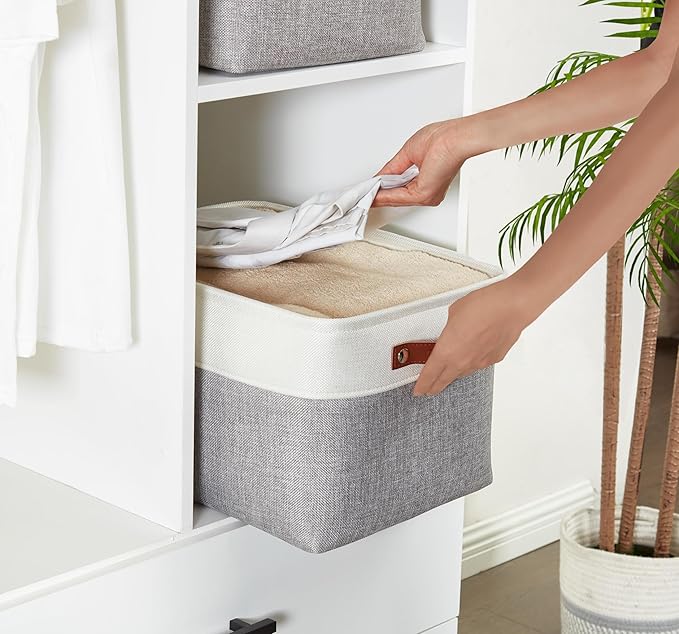 DECOMOMO Storage Bins, Large Fabric Storage Baskets for Shelves, Decorative Linen Closet Organizer, 15 x 11 x 9.5 inches (Grey & White, 3 Pack)