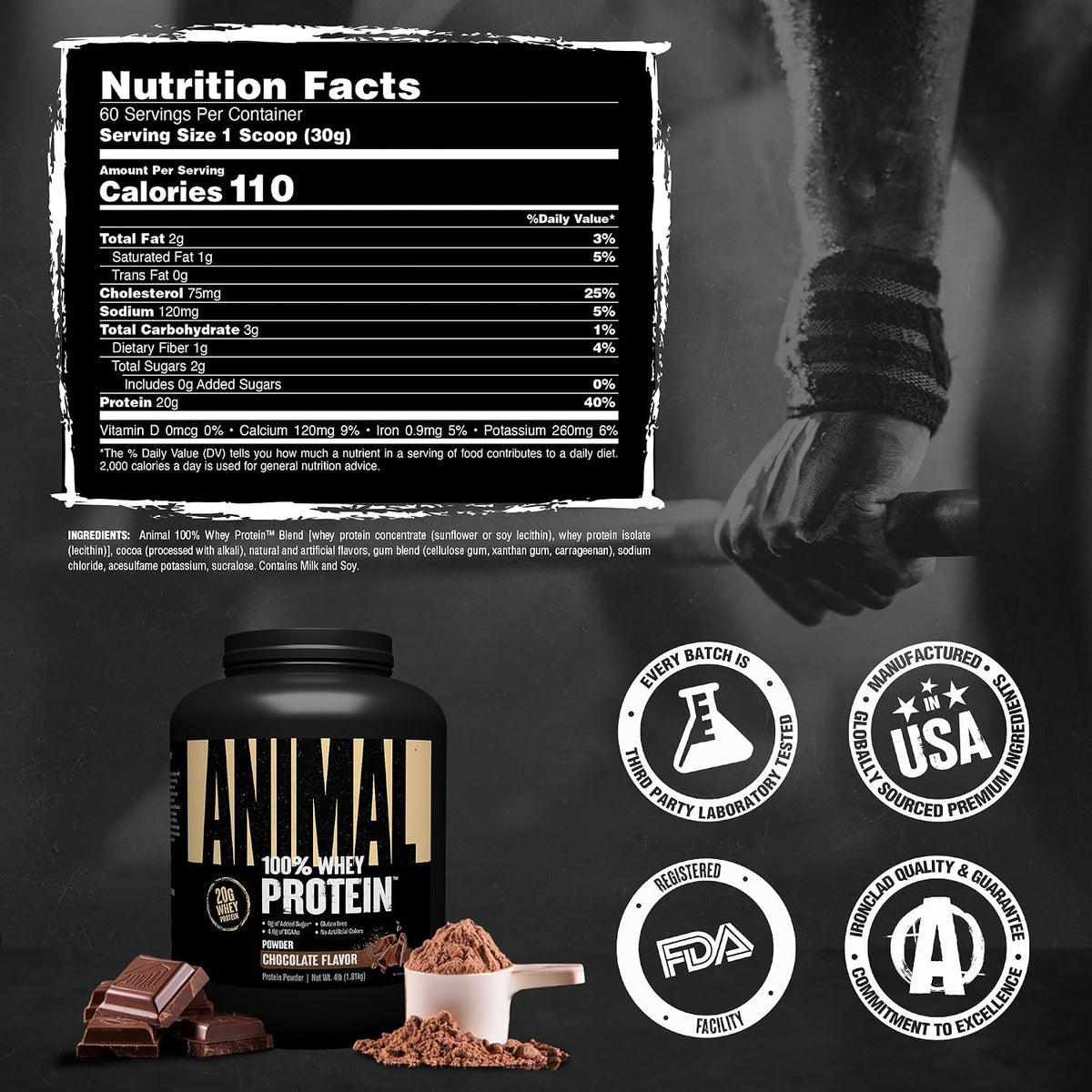 Animal 100% Whey Protein Powder, 20G High Protein | Chocolate 4LB | Pre &amp; Post Workout Meal Replacement with BCAAs | Build Strength, Muscle &amp; Recover Faster | Low Carb, Low Sugar, Great Taste