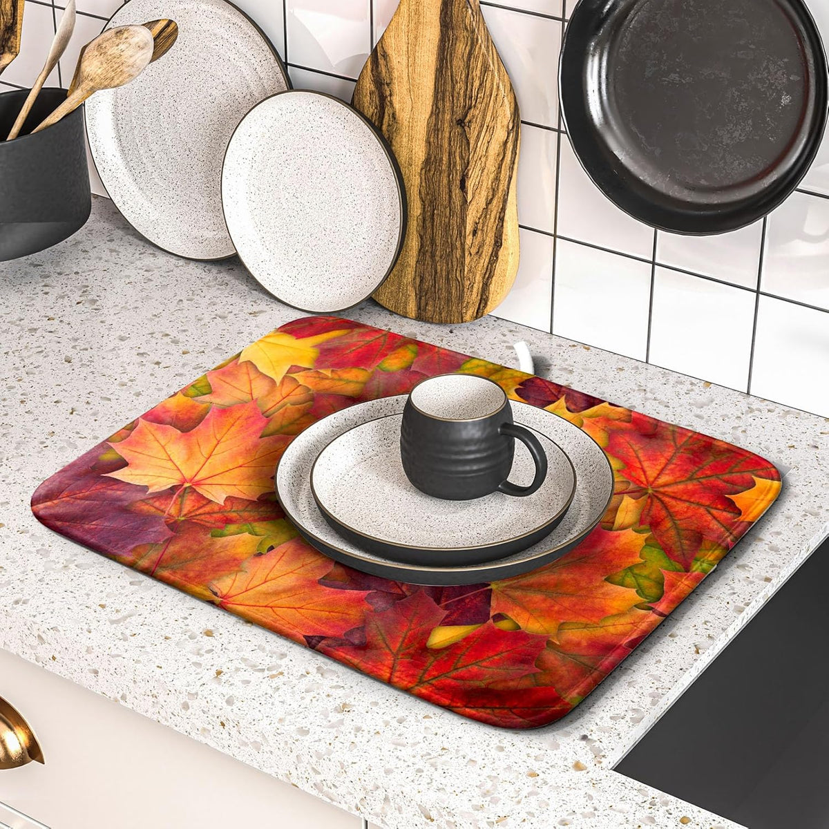 Colorful Autumn Maple Leaves Dish Drying Mat for Kitchen Counter Fall Drying Mat 16 x 18 Inch with Absorbent Reversible Microfiber Dish Drying Pad