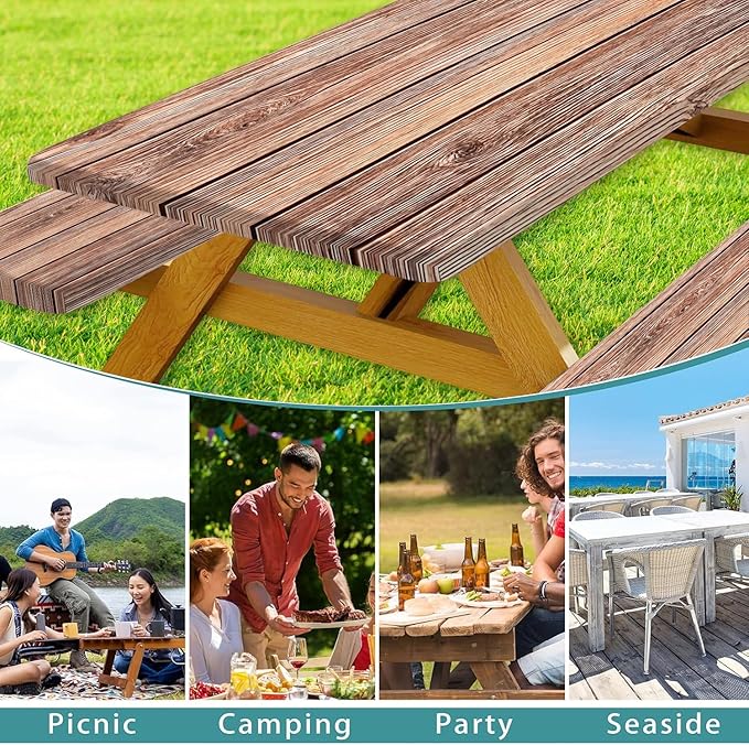 Picnic Table Cover with Bench Covers Camping Essentials Farmhouse Outdoor Table Covers Wood Grain Waterproof Windproof Fitted Tablecloth Cover with Elastic Edge for Indoor & Outdoor 3 PCS 30x72 Inch