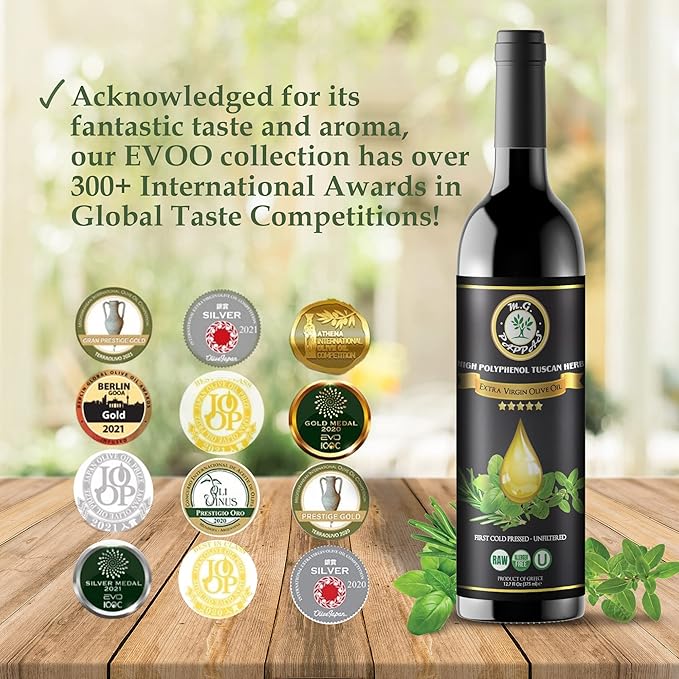 M.G. Pappas High Polyphenol Tuscan Herb Infused Olive Oil Extra Virgin - Over 500mg/kg - Unfiltered First Cold Pressed Greek Evoo - Award Winning