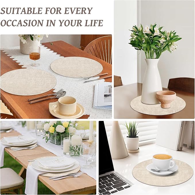 13" Round Placemats Set of 6, Reversible Faux Leather Heat Resistant Table Mats, 100% Waterproof Oilproof Wipeable Table Protective Placemats for Vinyl, Washable for Indoor & Outdoor Use (6, Beige)