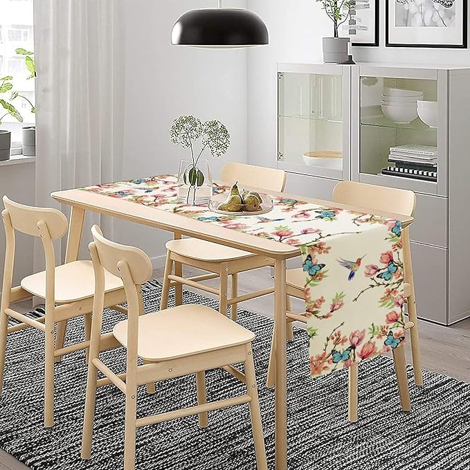 Spring Flower Table Runner, Seasonal Rustic Garden Flowers Bird Butterfly Print Table Runner for Home Kitchen Table Decor, 13x60inch