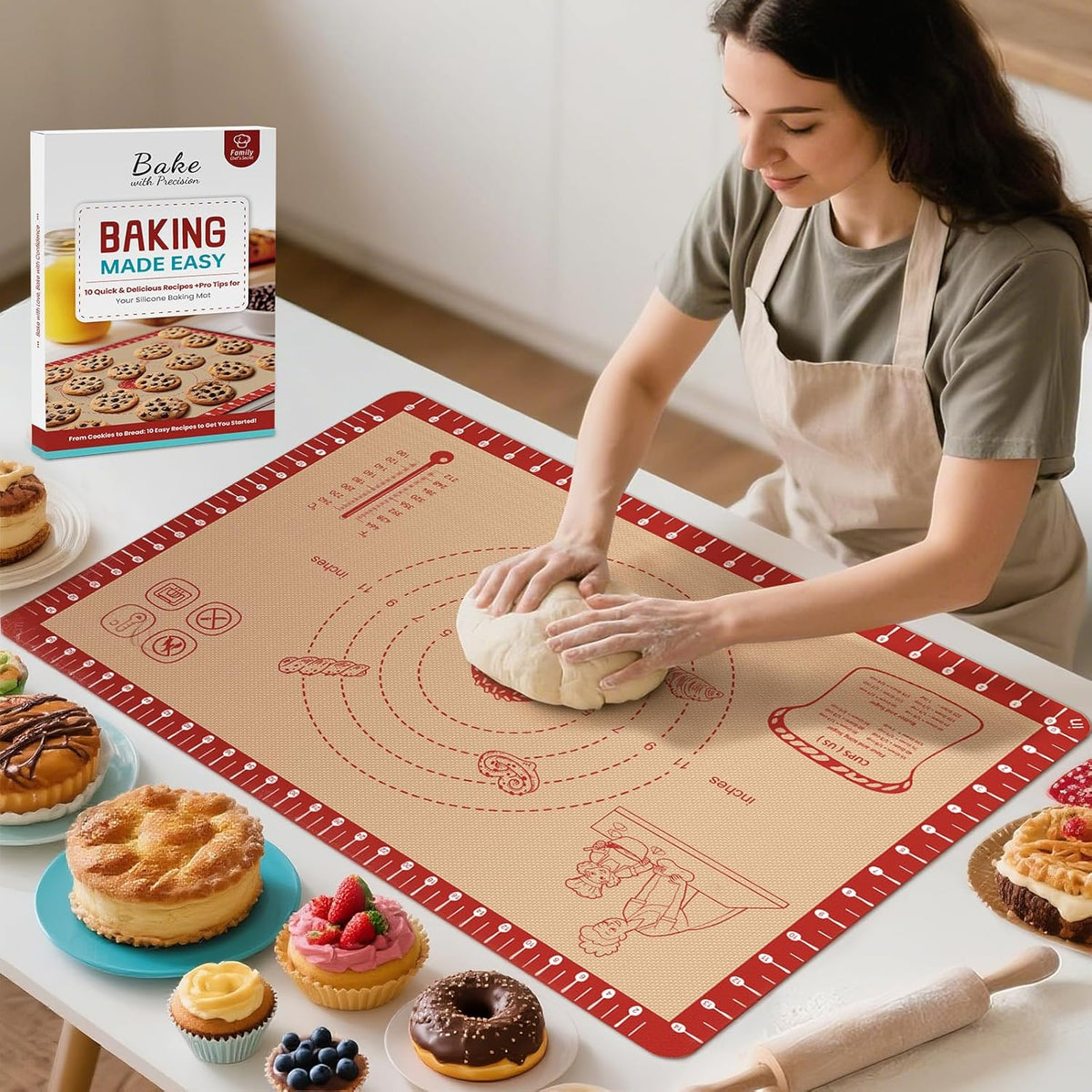 Silicone Macaron Baking Mat with 10 Easy Recipes, Extra Thick Silicone Mats for Baking, Non Stick Pastry Mat for Dough Rolling