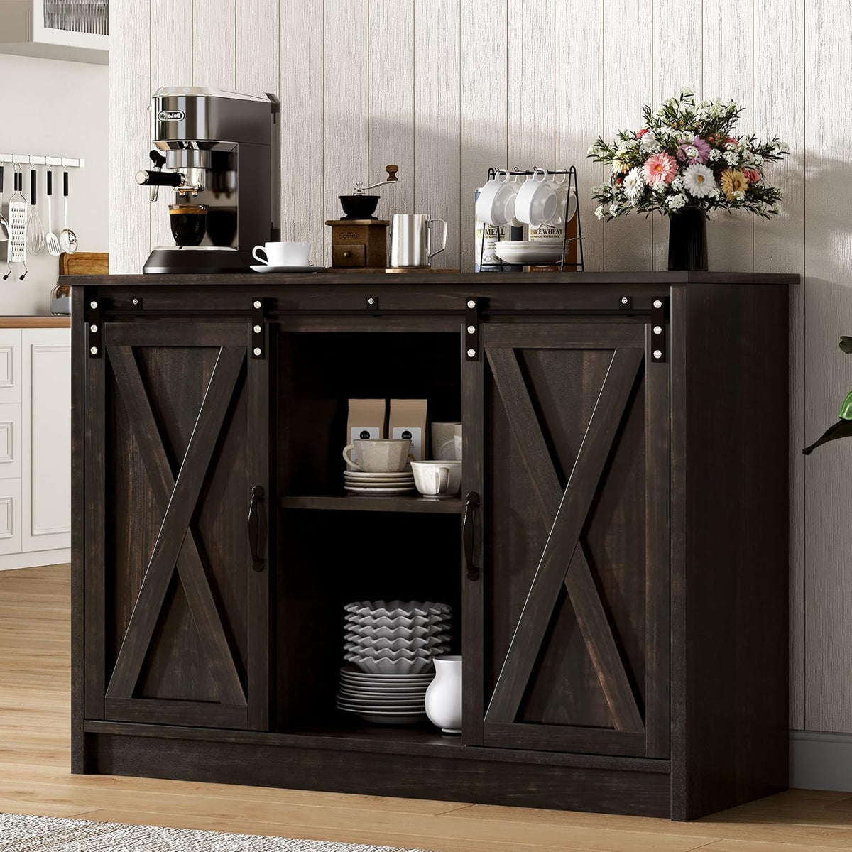 4 Ever Winner Coffee Bar Cabinet with Sliding Barn Doors, 42” Sideboard Buffet Cabinet with Storage