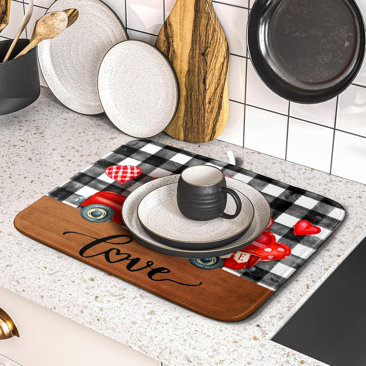 Valentine's Day Red Heart Truck Dish Drying Mat for Kitchen Counter,Black White Buffalo Plaid Love Drying Mat 16 x 18 Inch with Absorbent Reversible