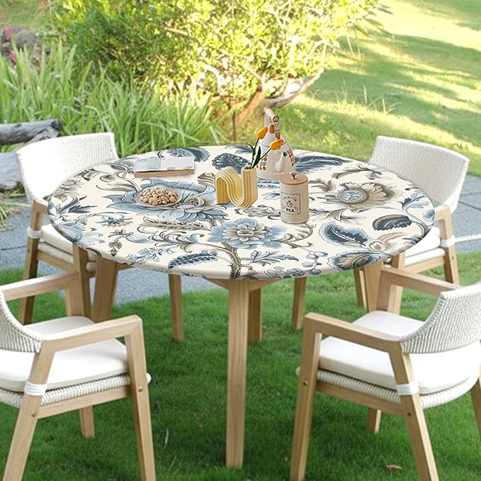 Vintage Floral Round Fitted Tablecloth with Elastic Blue Brown Chinoiserie Flower Circle Table Cloth for 40-44" Round Tables Wipeable Waterproof Elegant Rustic Table Cover for Dining Patio Picnic