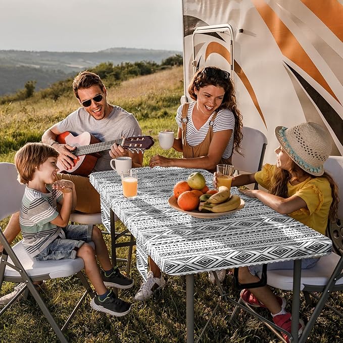 Picnic Table Cover with Bench Covers Non Slip Waterproof Vinyl Tablecloth for 6 Foot Rectangle Tables Family Gardening Needs Camping Rv Roadtrip Items for Tent Camper Useful Gift for Woman Man