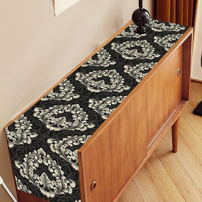 Gothic Table Runner, Retro Black Damask Baroque Style Floral Bohemian Exotic Coffee Vintage Table Center Decor for Kitchen and Dining Outdoor Home Country Party Table Decorations, 13"x90"