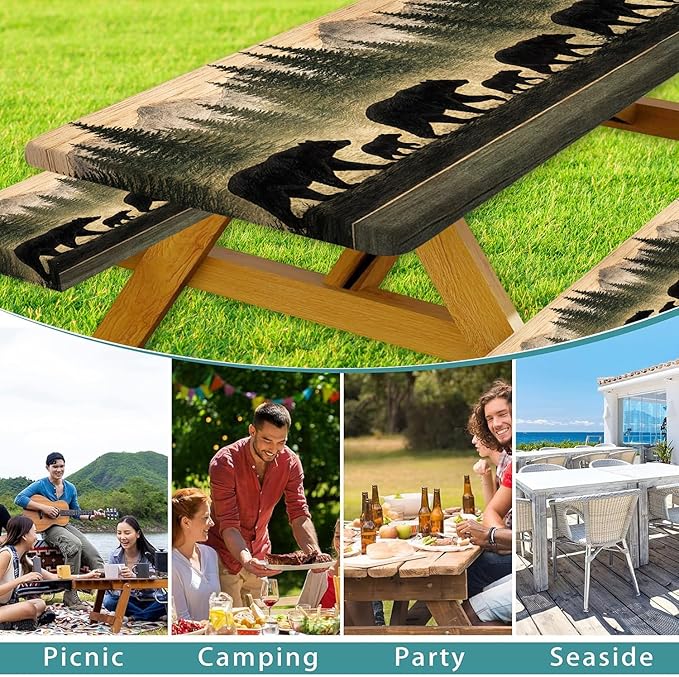 Picnic Table Cover with Bench Covers and Bag, Forest Mountain Bear Wooden Waterproof Windproof, Fitted Tablecloth Cover with Elastic Edge, for Indoor & Outdoor, Garden, Camping, 3 PCS 30x96 Inch
