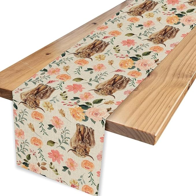 Cow Table Runner, Rustic Farmhouse Pink Floral Flower Spring Summer Yak Leaves Seasonal Coffee Table Center Decor for Home Kitchen Dining Patio Holiday Party Indoor Outdoor Table Decorations, 13"x72"