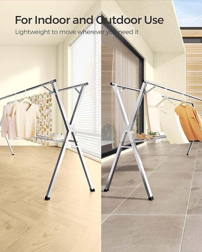 SONGMICS Clothes Drying Rack, Heavy-Duty Laundry Drying Rack, 52.4-78.7 Inches Extendable, Foldable Freestanding Airer, Stainless Steel, for Indoor Outdoor Use, Dove Gray ULLR902E01