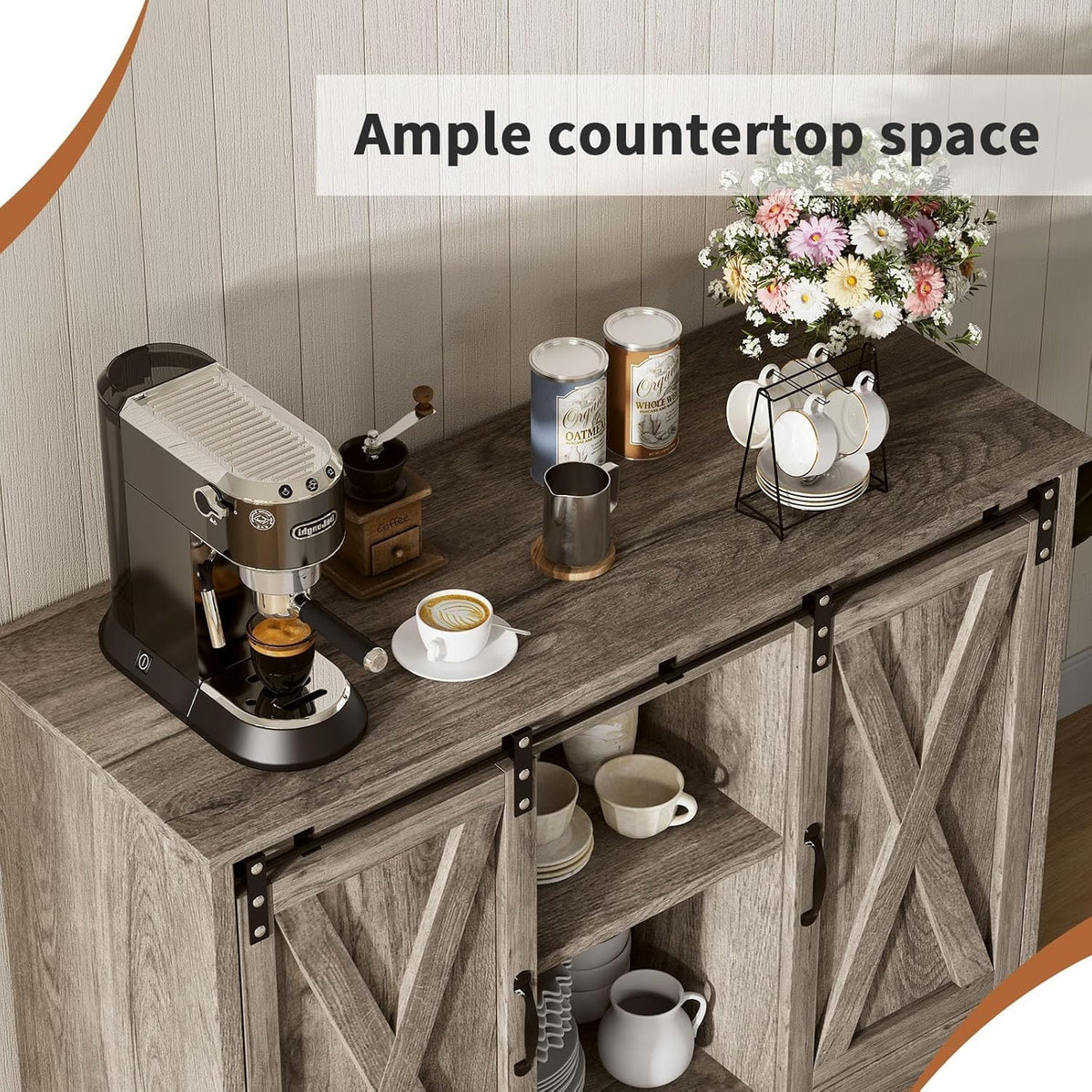 4 Ever Winner Farmhouse Coffee Bar Cabinet with Sliding Barn Door, 42” Coffee Bar Table with Adjustable Shelves
