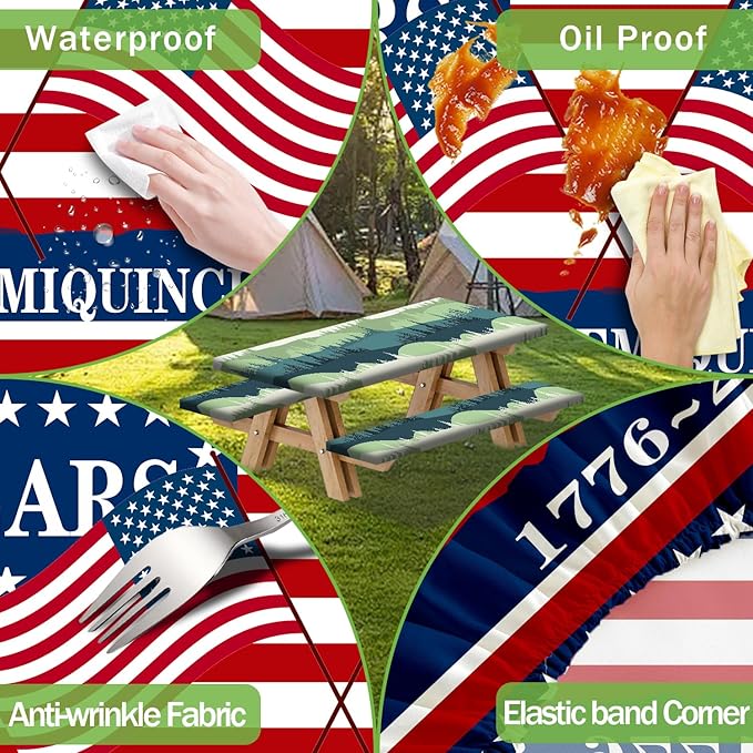 250th Anniversary America Flag Picnic Table Cover with Bench Covers Camping Essentials 250 USA Flag 1776-2026 Waterproof Fitted Camping Tablecloth Cover with Elastic Edge for Outdoor 3 PCS 30x96 Inch