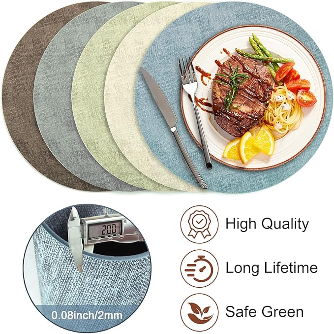 Round Faux Leather Placemats and Coasters, Set of 8, Reversible Heat Resistant Non-Slip Table Mats, Waterproof Wipeable Place Mats for Dining Table, Washable for Indoor & Outdoor (8, Blue)
