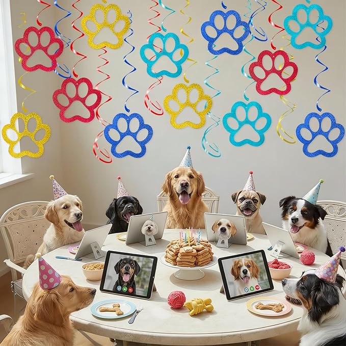 Dog Paw Hanging Swirl Decorations - 30Pcs Puppy Party Decorations Paw Prints Ceiling Streamers for Pet Dog Themed Birthday Party Favors Supplies Décor