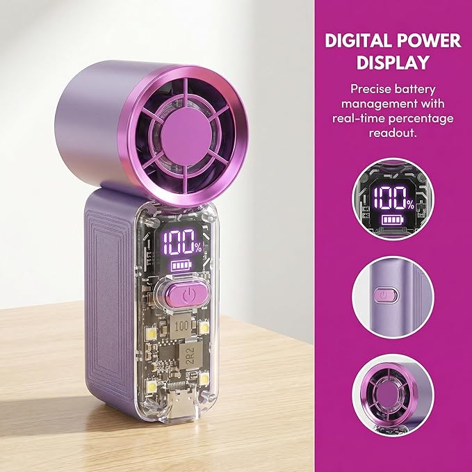 Handheld Portable Turbo Fan with Lights, Cyberpunk Mini Fan with LED Display &5 Speeds,USB C Rechargeable Small Pocket Fan for Concert/Camping/Travel/Outdoor Gift for Women Girl