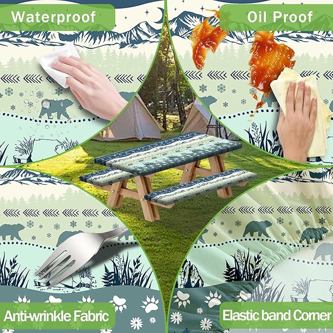 Picnic Table Cover with Bench Covers and Bag, Camping Essentials, Bohemian Waterproof Windproof Camping Tablecloth, Fitted Tablecloth Cover with Elastic Edge, for Garden & Outdoor, 3 PCS, 30x60 Inch