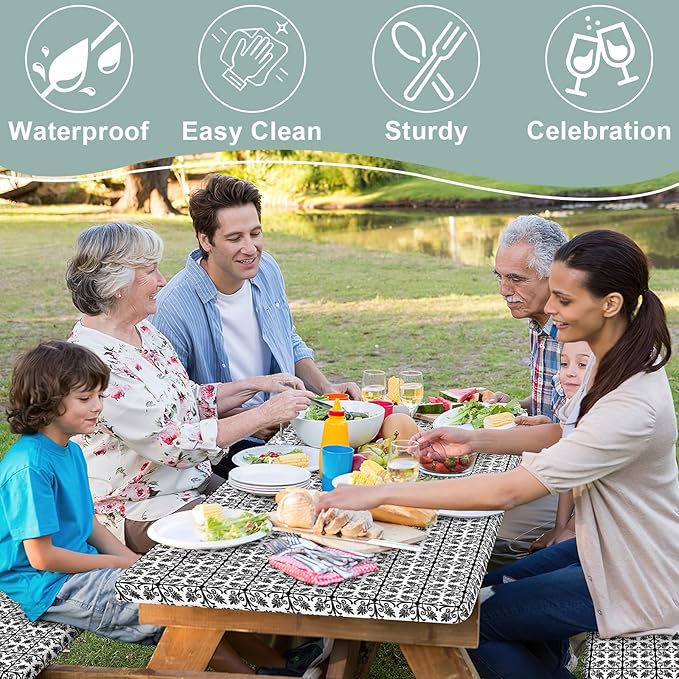 misaya Picnic Table Cover with Bench Cover, Waterproof Elastic Fitted Tablecloth for 8 Foot Tables, Rectangle Washable Polyester Tablecloths for Picnic, Camping, Outdoor (Black, 30" x 96")